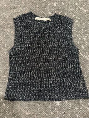 Raquel Allegra Metallic Black Silver Lurex Knit Sleeveless Top Size 0